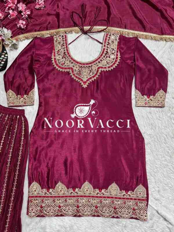 Elegant Chinnon Silk Sharara Suit with Embroidery & Lace Dupatta - Image 3