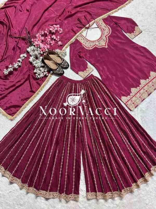 Elegant Chinnon Silk Sharara Suit with Embroidery & Lace Dupatta - Image 4