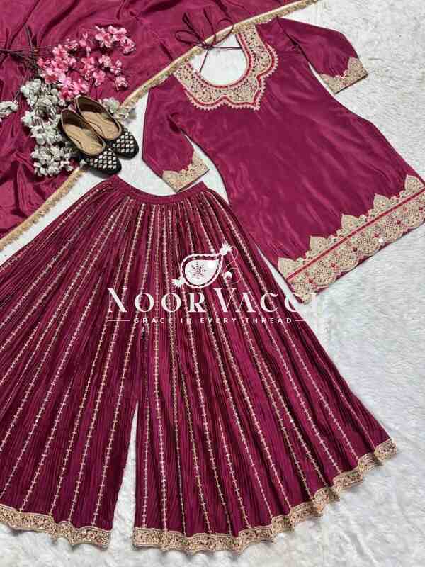 Elegant Chinnon Silk Sharara Suit with Embroidery & Lace Dupatta - Image 5
