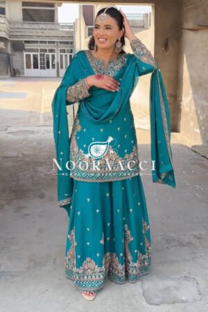 Shop Chinon Silk Embroidered Sharara Set with Dupatta – Party Wear Look