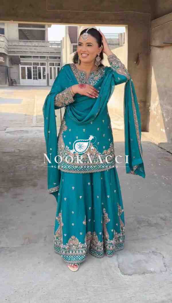 Chinon Silk Embroidered Sharara Set with Dupatta – Party Wear Look