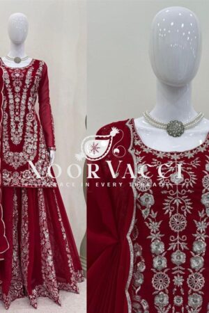 Shop Foux Gorgette Embroidered Plazo Set with Dupatta