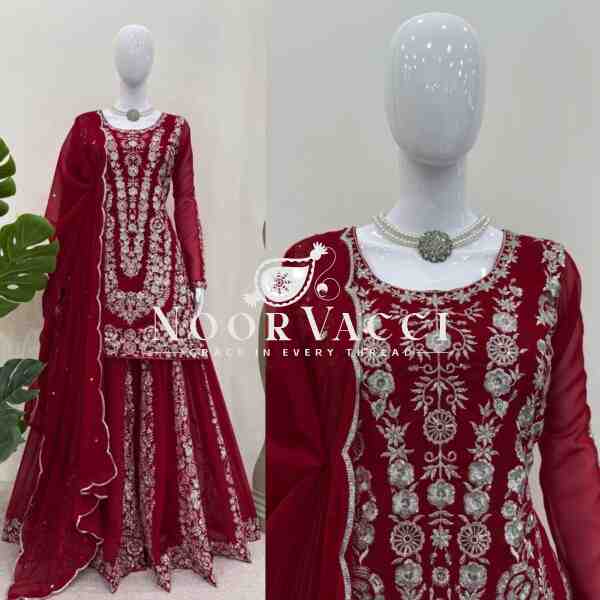 Foux Gorgette Embroidered Plazo Set with Dupatta