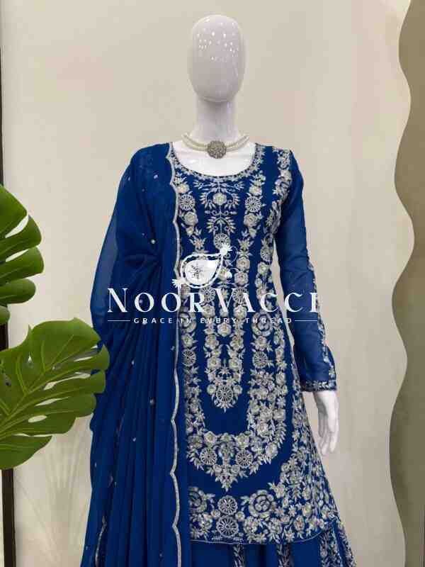 Foux Gorgette Embroidered Plazo Set with Dupatta - Image 2