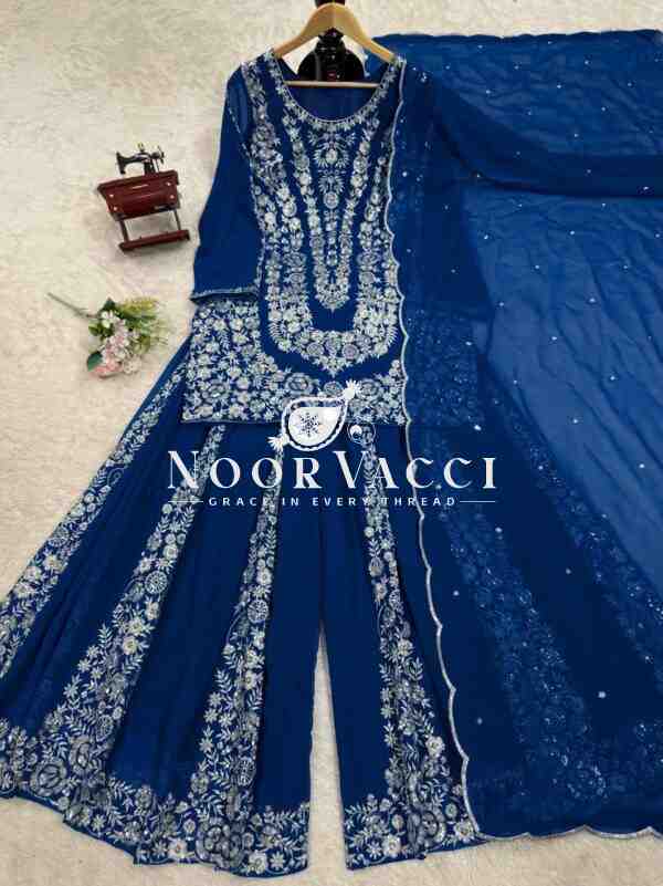 Foux Gorgette Embroidered Plazo Set with Dupatta - Image 4
