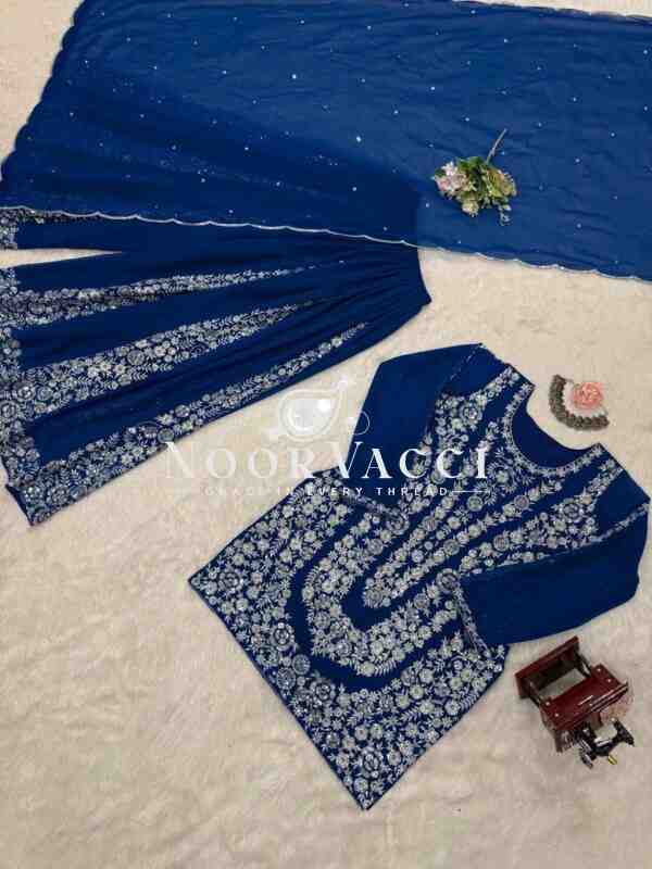 Foux Gorgette Embroidered Plazo Set with Dupatta - Image 3