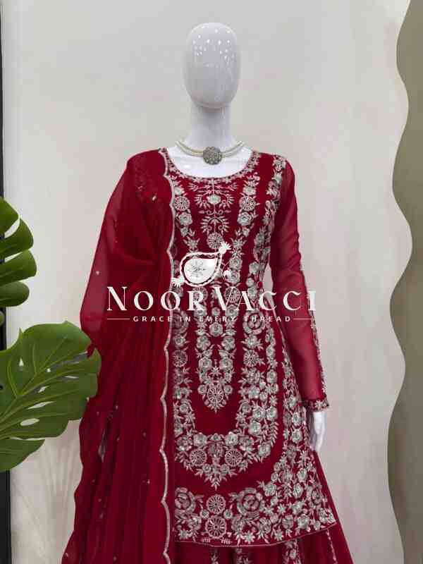 Foux Gorgette Embroidered Plazo Set with Dupatta - Image 2