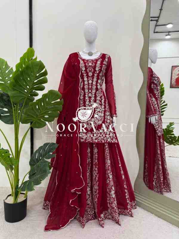 Foux Gorgette Embroidered Plazo Set with Dupatta - Image 3