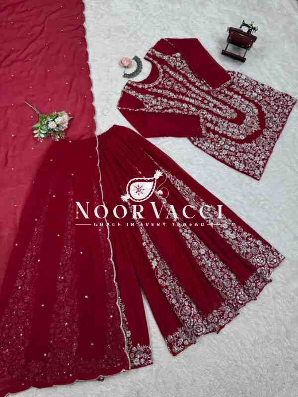Foux Gorgette Embroidered Plazo Set with Dupatta - Image 4