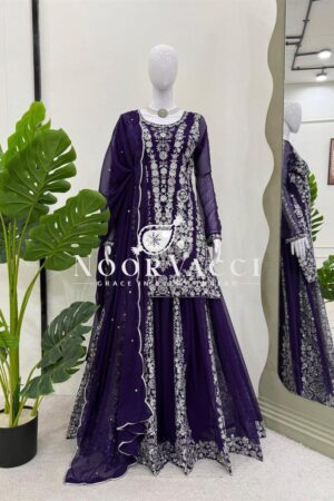 Buy Foux Gorgette Embroidered Plazo Set with Dupatta