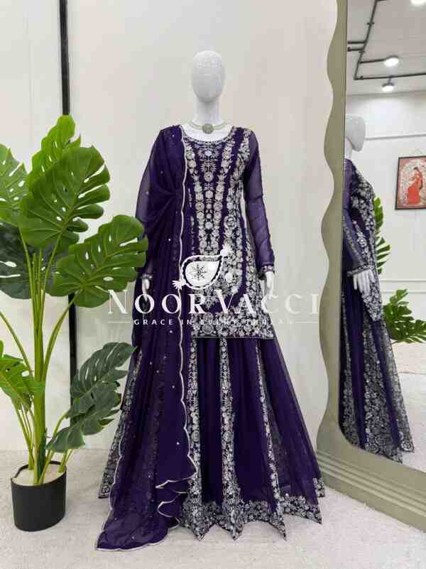 Foux Gorgette Embroidered Plazo Set with Dupatta