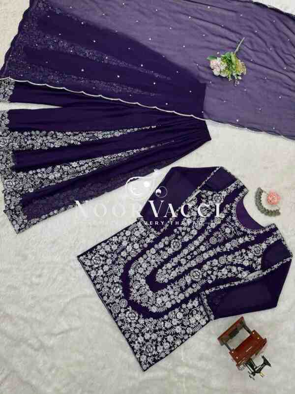 Foux Gorgette Embroidered Plazo Set with Dupatta - Image 3