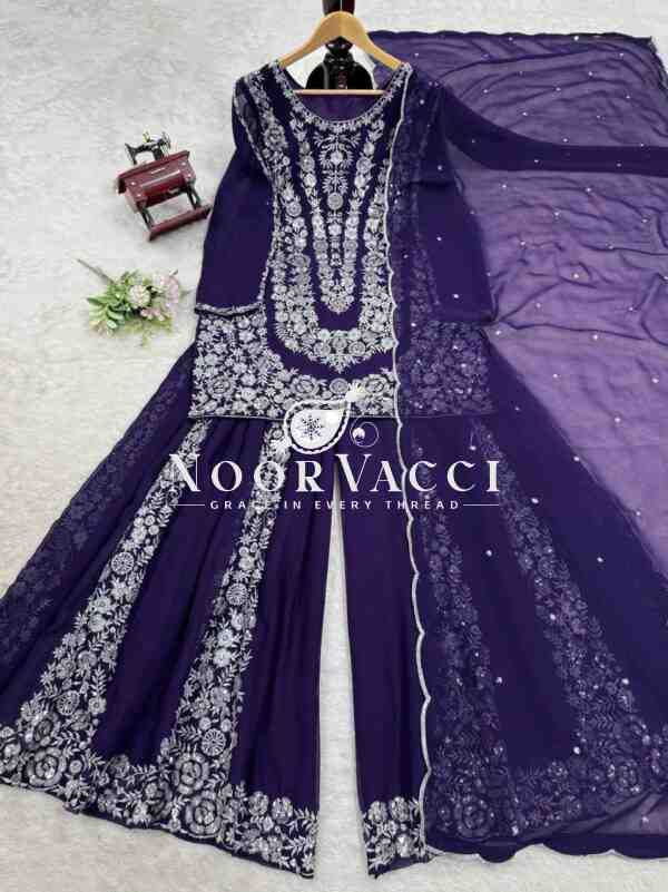 Foux Gorgette Embroidered Plazo Set with Dupatta - Image 4