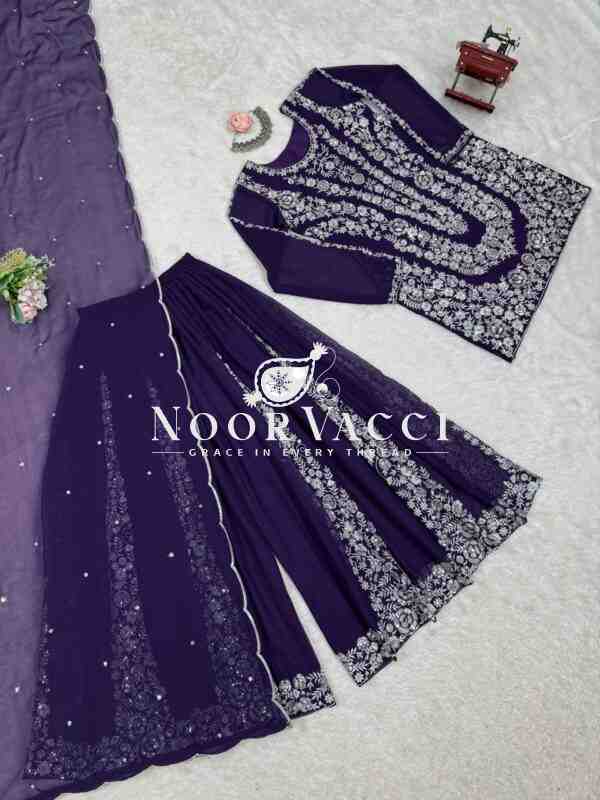 Foux Gorgette Embroidered Plazo Set with Dupatta - Image 5