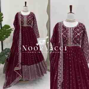 Foux Gorgette Embroidered Kurti with Dupatta Set