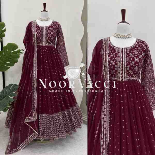 Foux Gorgette Embroidered Kurti with Dupatta Set