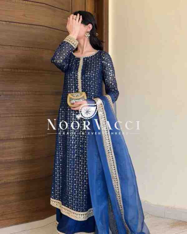 Foux Gorgette Embroidered Kurti with Pant and Butterfly Net Dupatta - Image 2