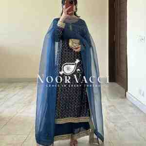 Foux Gorgette Embroidered Kurti with Pant and Butterfly Net Dupatta