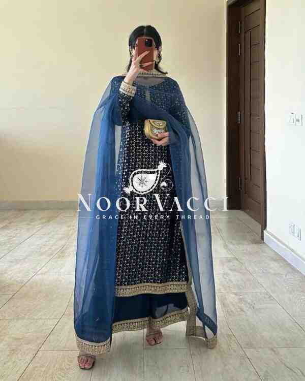 Foux Gorgette Embroidered Kurti with Pant and Butterfly Net Dupatta