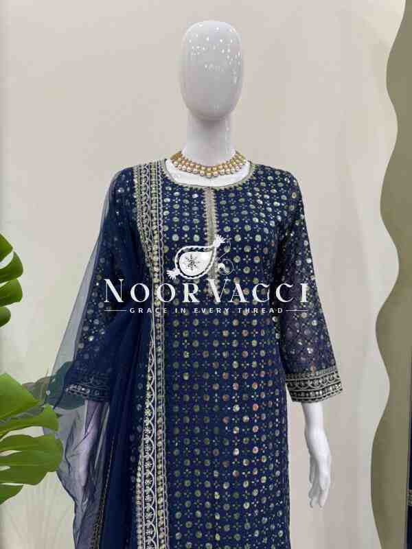 Foux Gorgette Embroidered Kurti with Pant and Butterfly Net Dupatta - Image 3