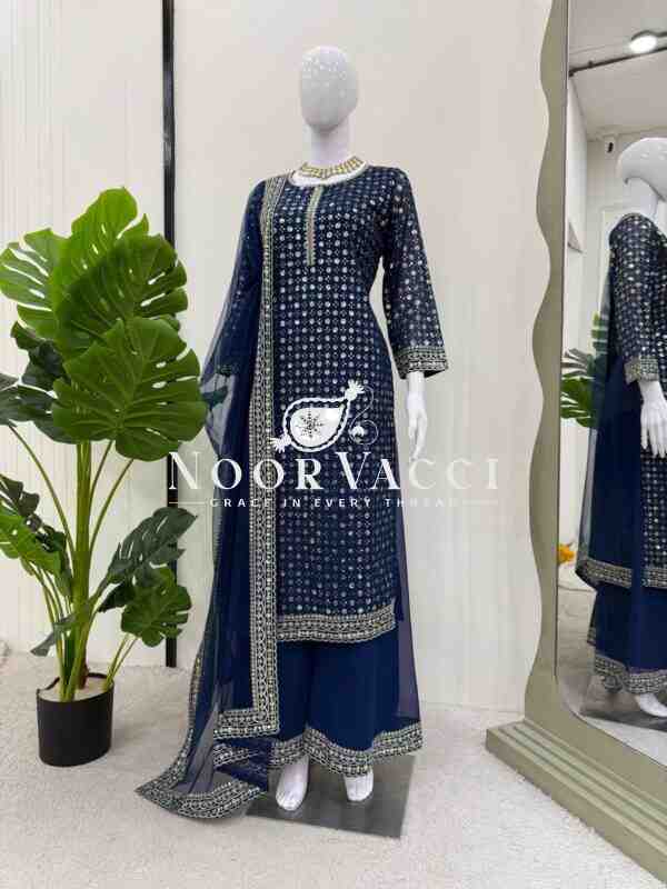 Foux Gorgette Embroidered Kurti with Pant and Butterfly Net Dupatta - Image 4