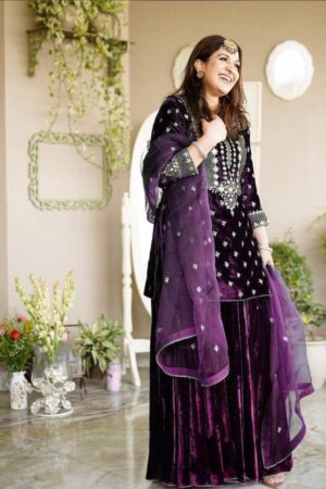 Buy Viscos Velvet Embroidered Sharara Set with Dupatta