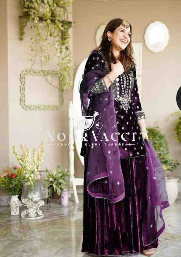 Viscos Velvet Embroidered Sharara Set with Dupatta