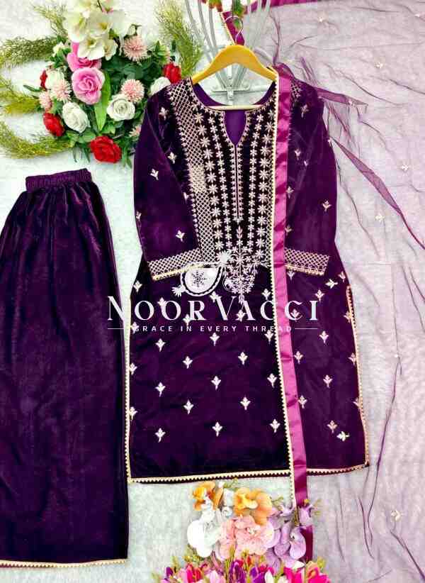 Viscos Velvet Embroidered Sharara Set with Dupatta - Image 2