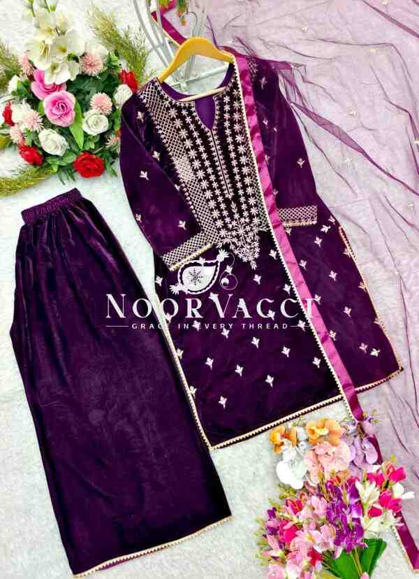 Viscos Velvet Embroidered Sharara Set with Dupatta - Image 3