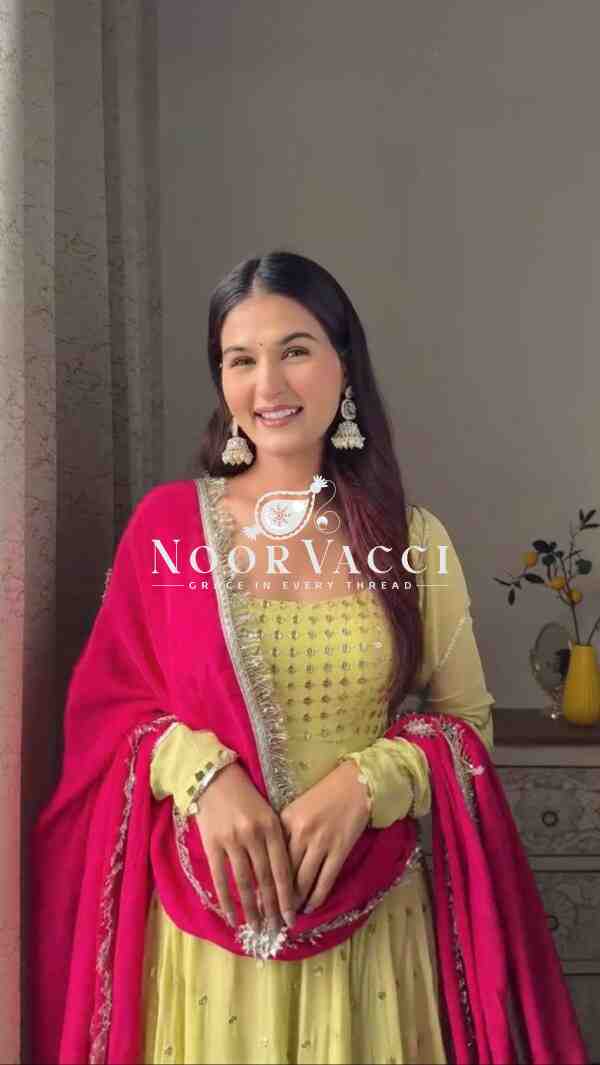 Foux Gorgette Embroidered Long Kurti with Cotton Pant and Lace Border Dupatta - Image 3