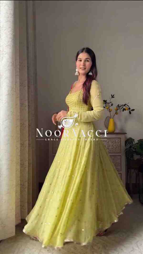 Foux Gorgette Embroidered Long Kurti with Cotton Pant and Lace Border Dupatta - Image 2