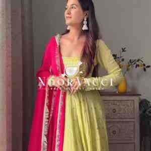 Foux Gorgette Embroidered Long Kurti with Cotton Pant and Lace Border Dupatta