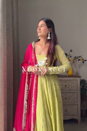 Buy Foux Gorgette Embroidered Long Kurti with Cotton Pant and Lace Border Dupatta