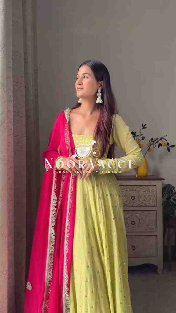 Foux Gorgette Embroidered Long Kurti with Cotton Pant and Lace Border Dupatta