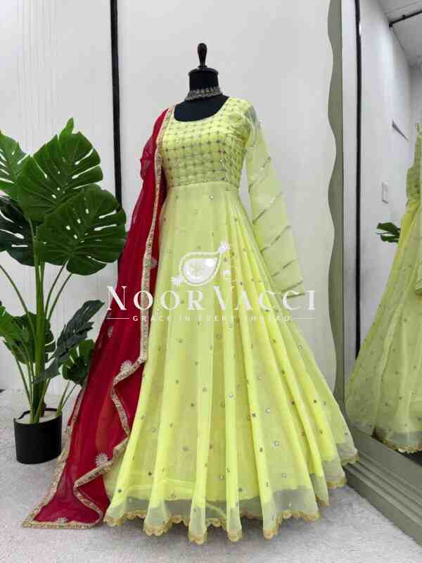 Foux Gorgette Embroidered Long Kurti with Cotton Pant and Lace Border Dupatta - Image 4