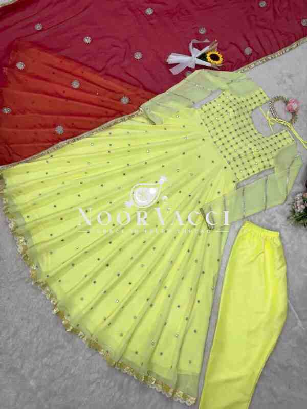 Foux Gorgette Embroidered Long Kurti with Cotton Pant and Lace Border Dupatta - Image 6