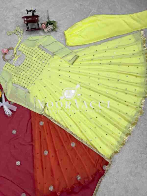 Foux Gorgette Embroidered Long Kurti with Cotton Pant and Lace Border Dupatta - Image 7