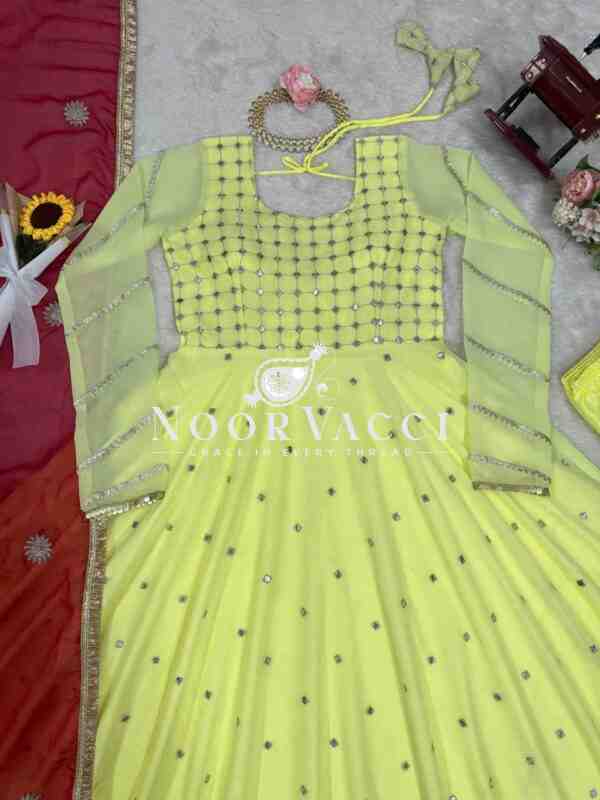 Foux Gorgette Embroidered Long Kurti with Cotton Pant and Lace Border Dupatta - Image 8