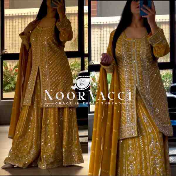 Elegant Faux Georgette Party Wear Sharara Set with Heavy Embroidery & Dupatta – Fully Stitched Glam Look - Image 3