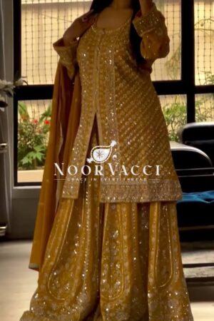 Buy Elegant Faux Georgette Party Wear Sharara Set with Heavy Embroidery & Dupatta – Fully Stitched Glam Look