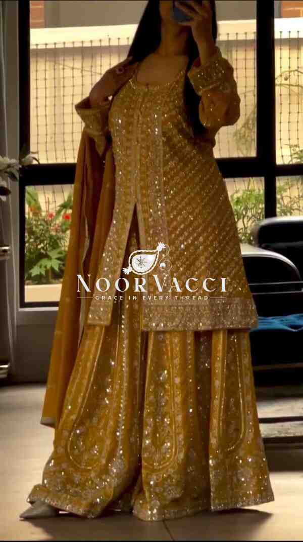 Elegant Faux Georgette Party Wear Sharara Set with Heavy Embroidery & Dupatta – Fully Stitched Glam Look