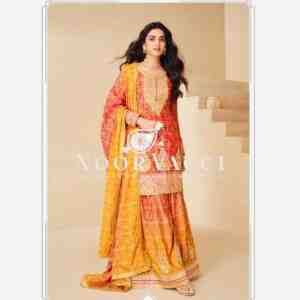 Heavy Chinon Silk Printed Embroidered Sharara Suit with Dupatta
