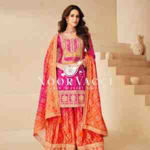 Heavy Chinon Silk Printed Embroidered Sharara Suit with Dupatta