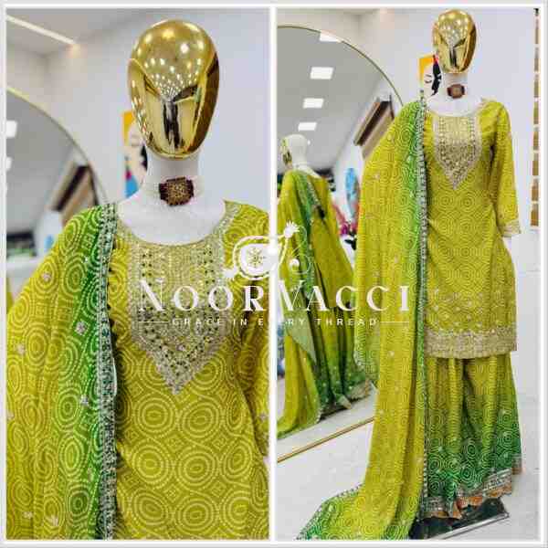 Heavy Chinon Silk Printed Embroidered Sharara Suit with Dupatta - Image 8