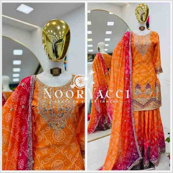 Heavy Chinon Silk Printed Embroidered Sharara Suit with Dupatta - Image 3