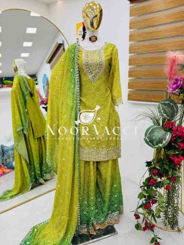 Heavy Chinon Silk Printed Embroidered Sharara Suit with Dupatta - Image 5
