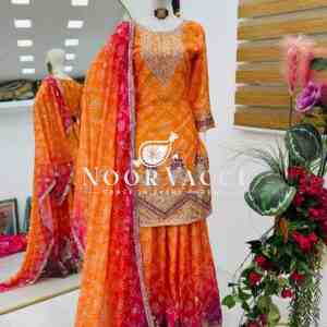Heavy Chinon Silk Printed Embroidered Sharara Suit with Dupatta