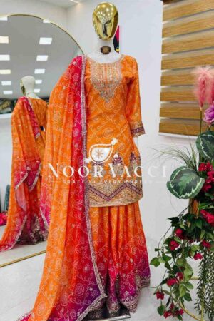 Buy Heavy Chinon Silk Printed Embroidered Sharara Suit with Dupatta