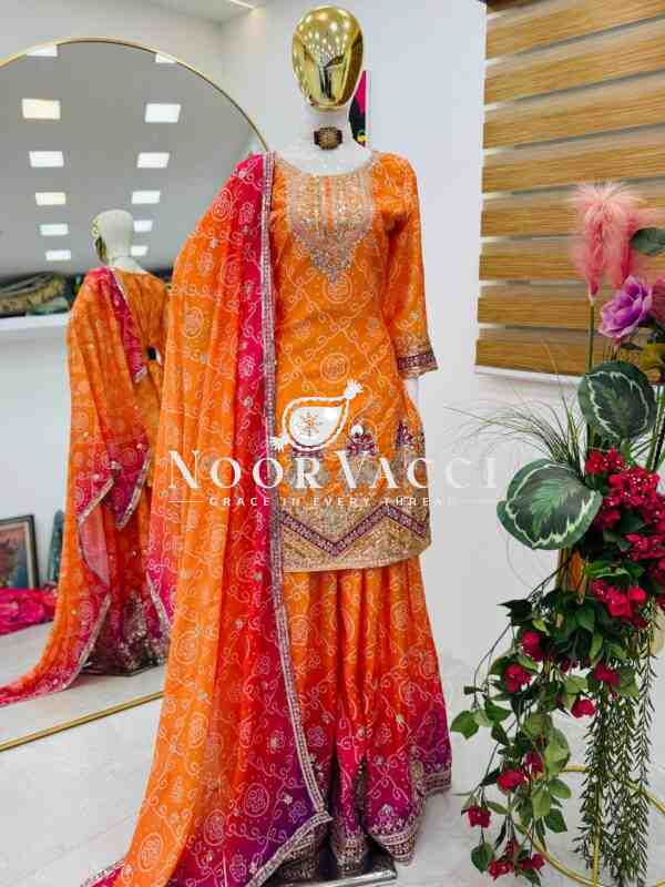 Heavy Chinon Silk Printed Embroidered Sharara Suit with Dupatta