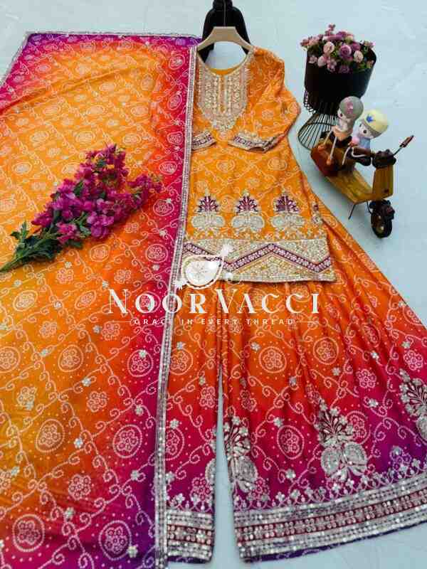 Heavy Chinon Silk Printed Embroidered Sharara Suit with Dupatta - Image 4